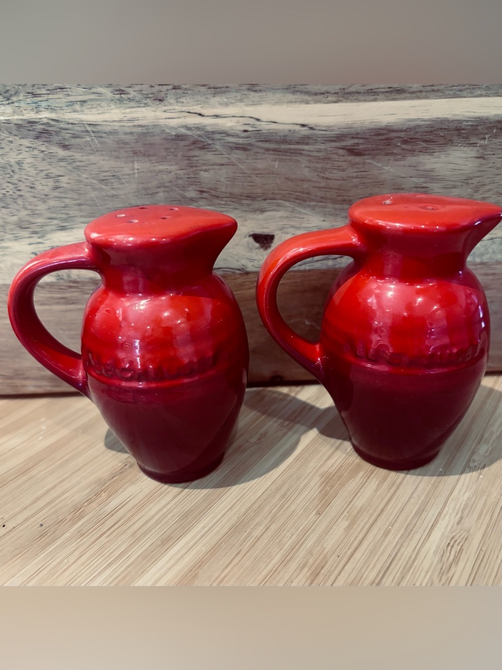 Le Creuset Red Ceramic Salt and Pepper Shaker Pitchers -retired/vintage